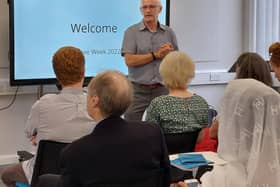 A member of Harrogate District of Sanctuary giving a talk on helping refugees at Harrogate College which became the first in North Yorkshire to achieve College of Sanctuary status.