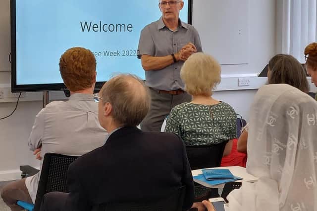 A member of Harrogate District of Sanctuary giving a talk on helping refugees at Harrogate College which became the first in North Yorkshire to achieve College of Sanctuary status.