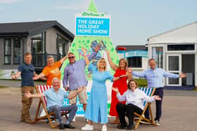 Celebrity backing - The Great Holiday Home Show opens in Harrogate with Andy Torbet, Karen Wright, Peter Wright, Roaming Radfords, Christine Talbot, Steph Moon and Show Chairman Richard Jones. (Picture contributed)