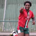 Harrogate Railway's Eliel Maville-Anku celebrates after firing his side into a 2-1 lead against Wakefield AFC. Pictures: Harrogate Railway Athletic FC