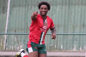 Harrogate Railway's Eliel Maville-Anku celebrates after firing his side into a 2-1 lead against Wakefield AFC. Pictures: Harrogate Railway Athletic FC