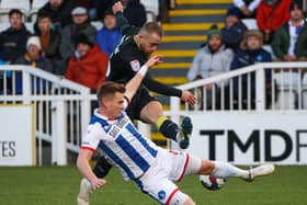 Harrogate Town midfielder Alex Pattison takes aim at the Hartlepool United goal during Sunday's 3-3 draw at Victoria Park. Pictures: Matt Kirkham