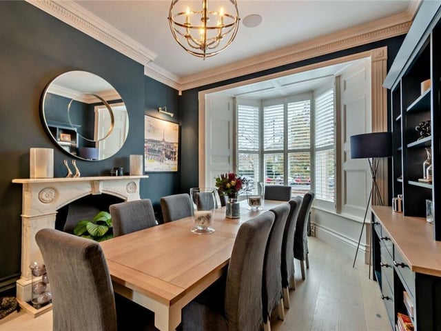 The bay fronted formal dining room.