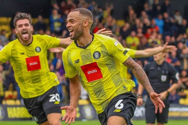 Warren Burrell celebrates after netting Harrogate Town’s stoppage-time winner during a 3-2 success over Rochdale on the opening day day of 2021/22. Picture: Matt Kirkham