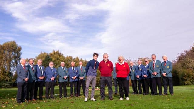 New Knaresborough GC captains Harry Cairns, Tom Halliday, and Di Haward are greeted at their drive-in by past men's captains. Picture: Submitted