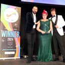 Harrogate's Karen Crampton receives the Palliative Care Award from Rylan Clark and Steve Walls  at the Great British Care Awards. (Picture contributed)