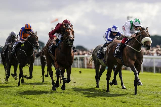 Emaraaty Ana, pictured right under the guidance of Frankie Dettori winning The Al Basti Equiworld Gimcrack Stakes at York Racecourse in 2018 is the defending champion at this weekend's Betfair Sprint Cup. (Photo by Alan Crowhurst/Getty Images)