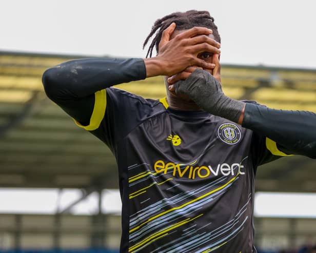 Sam Folarin celebrates his final goal in Harrogate Town colours. Pictures: Matt Kirkham