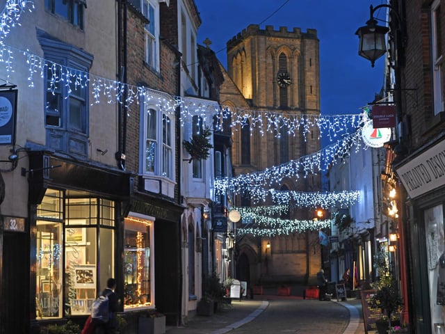 Christmas lights leading to Ripon Cathedral