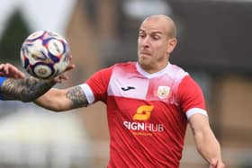 Adam Priestley bagged a brace during Knaresborough Town's defeat at Goole, but saw what would have been his hat-trick 'goal' ruled out by the match officials. Picture: Gerard Binks