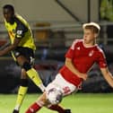 Harrogate Town's on-loan Middlesbrough forward Jeremy Sivi lets fly during Tueday's League Trophy success against Nottingham Forest Under-21s. Pictures: Matt Kirkham