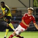 Harrogate Town's on-loan Middlesbrough forward Jeremy Sivi lets fly during Tueday's League Trophy success against Nottingham Forest Under-21s. Pictures: Matt Kirkham