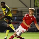 Harrogate Town's on-loan Middlesbrough forward Jeremy Sivi lets fly during Tueday's League Trophy success against Nottingham Forest Under-21s. Pictures: Matt Kirkham