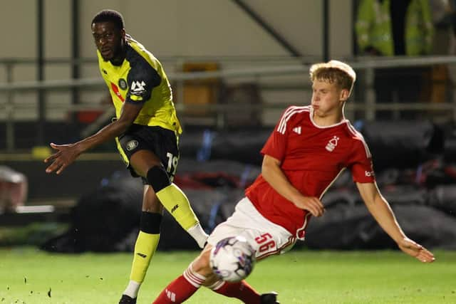 Harrogate Town's on-loan Middlesbrough forward Jeremy Sivi lets fly during Tueday's League Trophy success against Nottingham Forest Under-21s. Pictures: Matt Kirkham