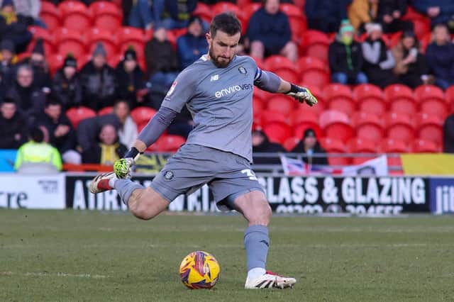 Harrogate Town goalkeeper James Belshaw in action during Saturday's League Two clash with Doncaster Rovers. Pictures: Matt Kirkham