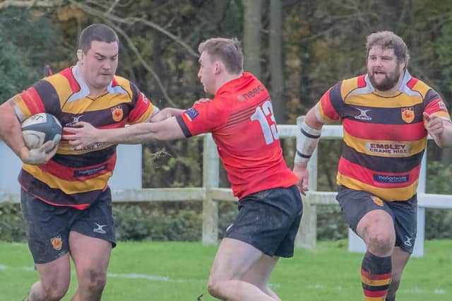 Jacob Percival on the charge during Harrogate RUFC's North One East showdown with local rivals Ilkley. Pictures: Richard Bown