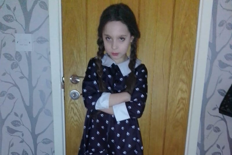 Aria-Jane (aged eight) dressed up as Wednesday Addams from the Addams Family