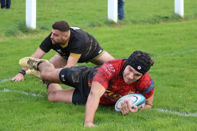 Hugh Tatlow touches down in the second half of Harrogate Pythons' victory over Leeds Corinthians.
