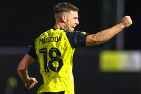 Jack Muldoon celebrates after finding the net during Harrogate Town's 1-1 draw against Swindon on Saturday afternoon. Pictures: Matt Kirkham