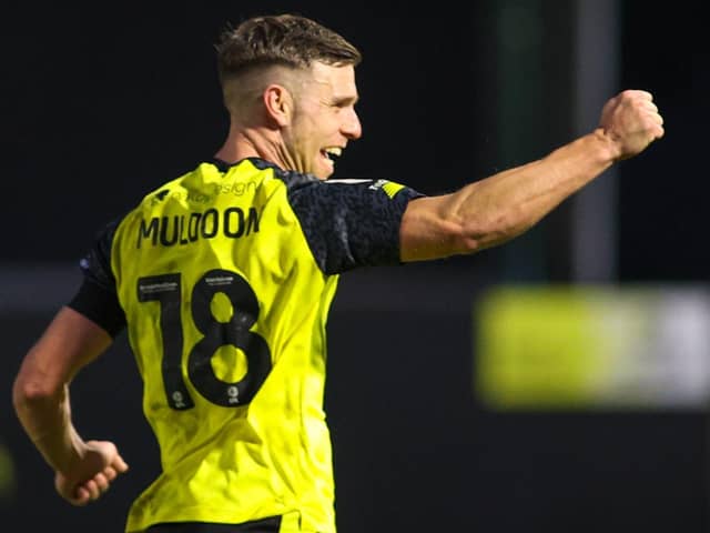 Jack Muldoon celebrates after finding the net during Harrogate Town's 1-1 draw against Swindon on Saturday afternoon. Pictures: Matt Kirkham