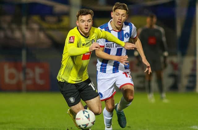 Tyler Frost's in action during Harrogate Town's 3-1 FA Cup second-round defeat at Hartlepool United last month. Pictures: Matt Kirkham