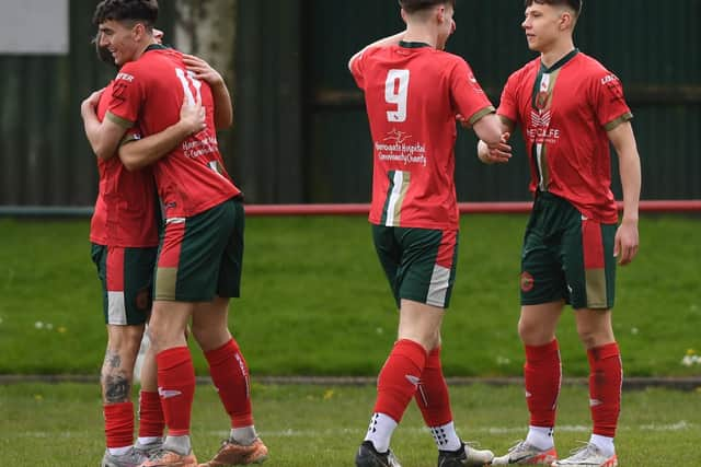 Harrogate Railway players celebrate taking an early lead against Retford FC.