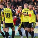 Harrogate Town players celebrate the first goal of their 3-1 League Two win against Notts County last weekend. Pictures: Matt Kirkham