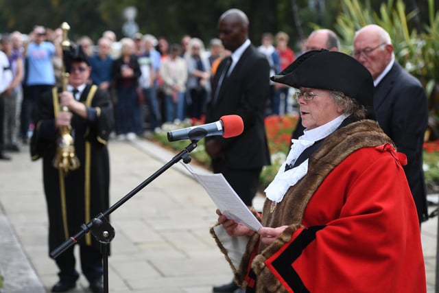 The ceremony to mark proclamation of King Charles II at the War Memorial, Harrogate. Pictured the mace is turned upside down as Harrogate mayor Victoria Oldham reads the proclamation.