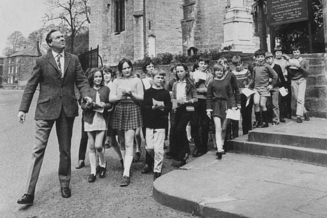 Headteacher of Thorner Church of England Primary School, Mr Brown, walks children round the Church tower in 1972