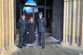 Assistant Chief Constable Scott Bisset, Deputy Chief Fire Officer Mathew Walker and Police, Fire and Crime Commissioner Zoe Metcalfe attending the remembrance service at Ripon Cathedral