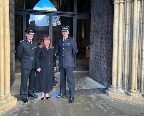 Assistant Chief Constable Scott Bisset, Deputy Chief Fire Officer Mathew Walker and Police, Fire and Crime Commissioner Zoe Metcalfe attending the remembrance service at Ripon Cathedral