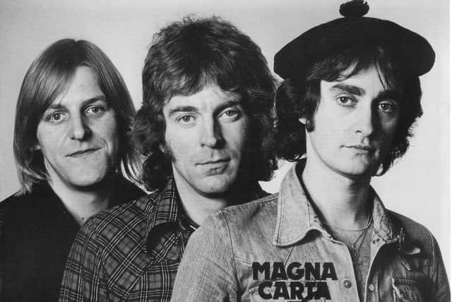 Making history - Magna Carta in 1974 with founder Chris Simpson, centre, Tom Hoy, right, and Nigel Smith, left. (Picture contributed)