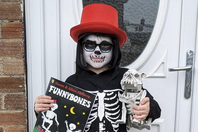 Mikey (aged eight) dressed up as a skeleton from Funnybones