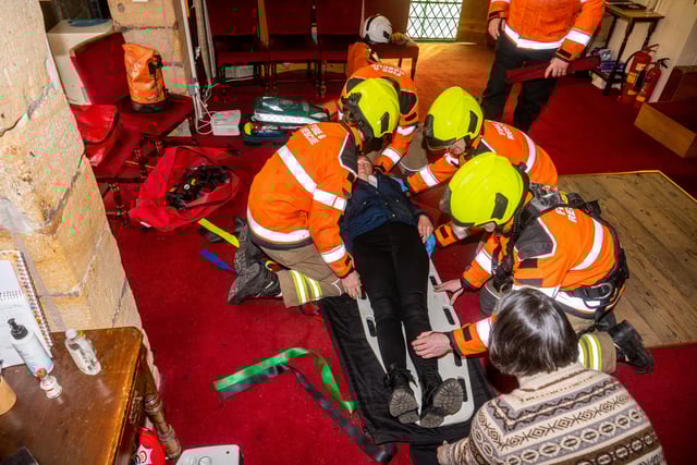 Verger Lucinda Taylor was strapped onto a stretcher and lowered 15 metres down to the cathedral floor from a trap door in the ringing room