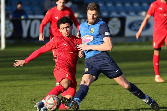 Tadcaster Albion defender Connor Qualter in action against Eccleshill United. Picture: Craig Dinsdale