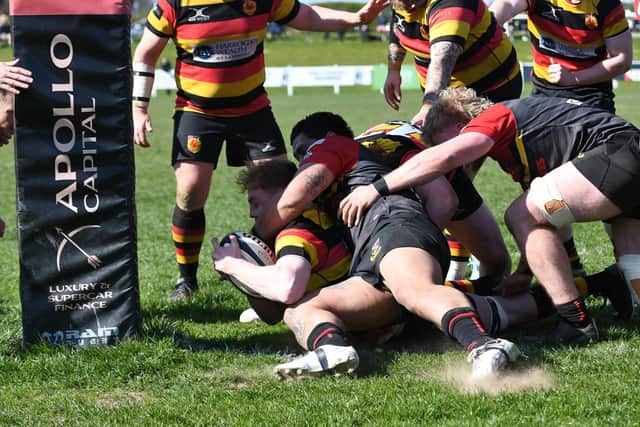 Will Pritchard touches down for Harrogate RUFC against fellow strugglers Hull. Picture: Daniel Kerr
