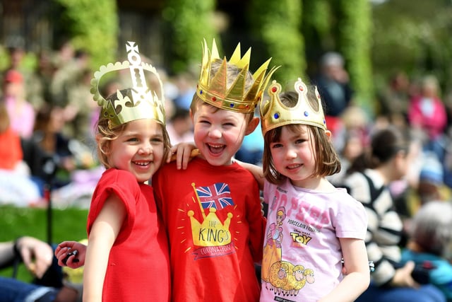 Pictured wearing crowns are Cordelia, Cyril and Lyra all aged five.