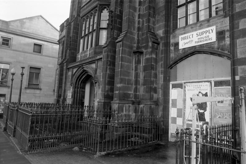 Exterior of the former Hillside Church at Greenside in Edinburgh, converted to Direct Supply house furnishers. Picture taken February 1987.