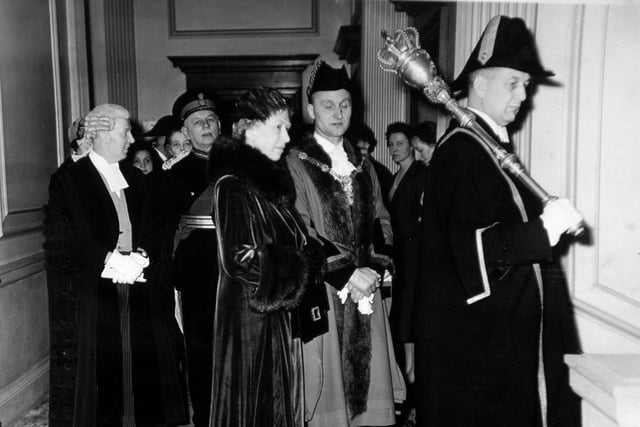 The Princess Royal, with the Mayor of Harrogate, enter the Royal Hall to attend the civic luncheon in 1959