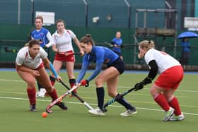 Harrogate Hockey Club Ladies 1s' Julia Corominas thought she had netted a late winner against Doncaster, but the effort was ruled out. Picture Gerard Binks