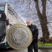 Harrogate Bus Company bus driver Kornelia Holmes celebrates as the Government confirms its £2 ‘Price Drop’ fare cap is remaining for passengers until October.