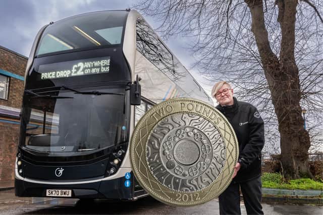 Harrogate Bus Company bus driver Kornelia Holmes celebrates as the Government confirms its £2 ‘Price Drop’ fare cap is remaining for passengers until October.