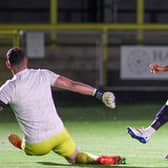 Harrogate Town's Josh Coley fails to get the better of Salford City goalkeeper Tom King during Tuesday evening's League Two clash at Wetherby Road. Pictures: Matt Kirkham