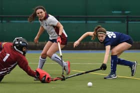 Harrogate Hockey Club Ladies 1s' Grace Schofield-Mell is denied by the Liverpool Sefton goalkeeper during Saturday's Vitality Women's Conference North clash at Ainsty Road. Pictures: Gerard Binks