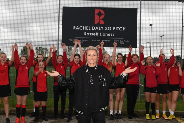 Lioness Rachel Daly visits Rossett School in Harrogate to unveil a 3G sports pitch named in her honour