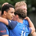 Luke Stewart is congratulated by his Tadcaster Albion team-mates after firing the Brewers into a 2-0 lead against Boro Rangers. Picture: Craig Dinsdale