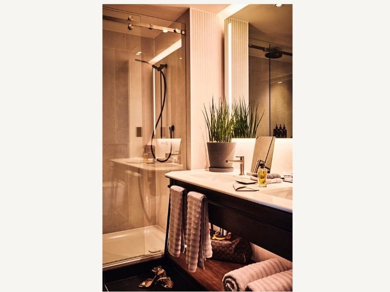 Luxurious products can be found in the stylish bathroom.