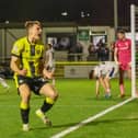 Tom Cursons celebrates after heading Harrogate Town into a 2-0 lead against Tranmere Rovers on Tuesday evening. Pictures: Matt Kirkham