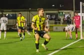 Tom Cursons celebrates after heading Harrogate Town into a 2-0 lead against Tranmere Rovers on Tuesday evening. Pictures: Matt Kirkham