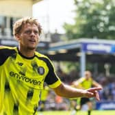 Stephen Duke-McKenna celebrates after firing Harrogate Town into a 63rd-minute lead against Bristol Rovers on the opening day of the 2025/25 season. Picture: Dan Minto/ProSportsImages